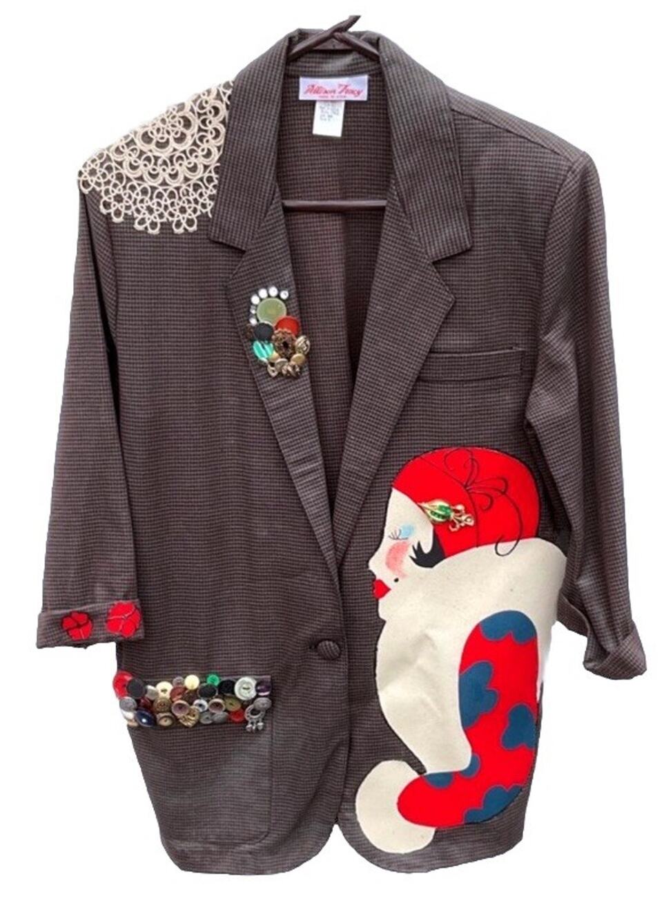 Vintage Allison Tracy Blazer M Art To Wear Button Embellished Face Jacket USA